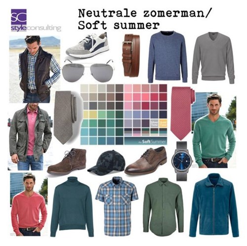 Voorbeelden van kleuren en kleding voor het neutrale zomertype (MAN).